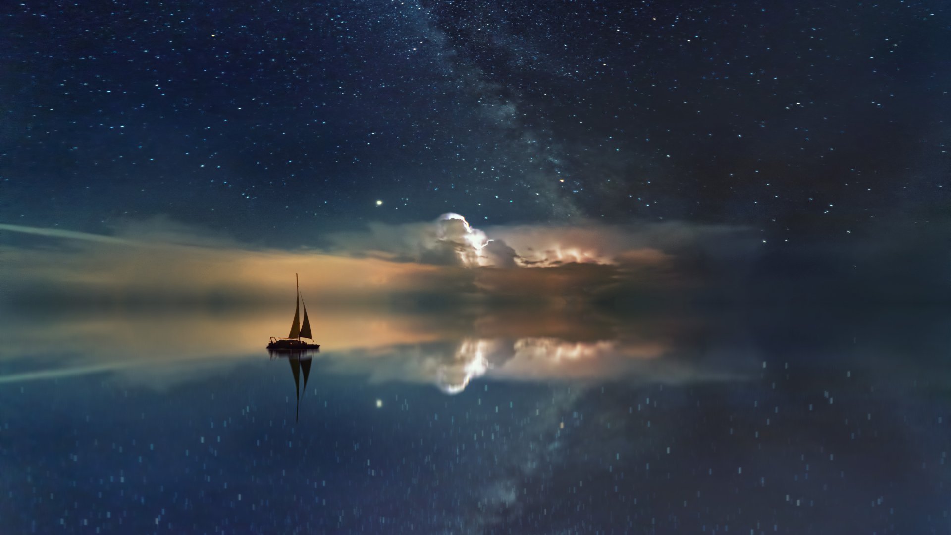 A stunning HD desktop wallpaper featuring a sailboat on a serene water surface, reflecting a starry night sky with gentle clouds.