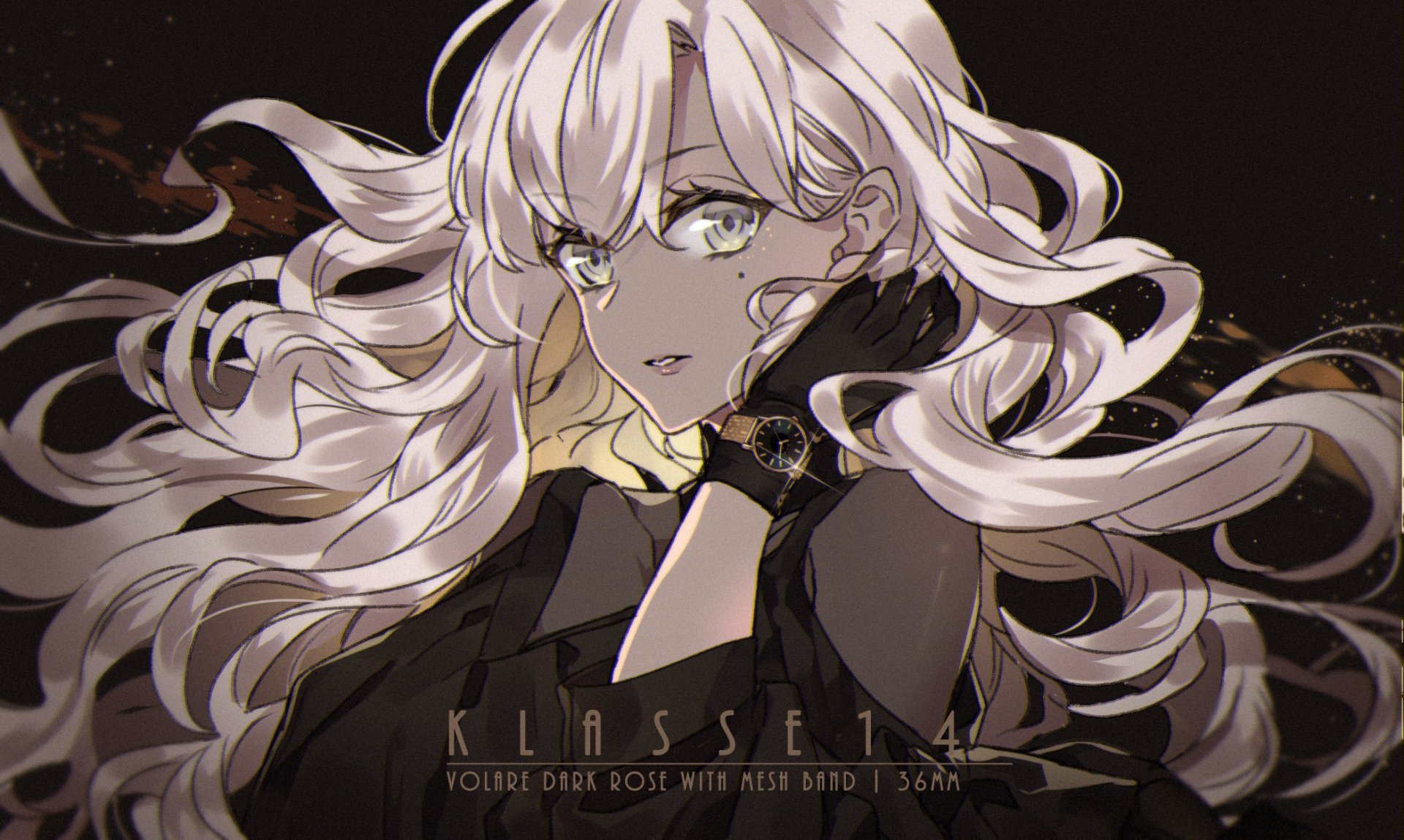 Anime-style original HD desktop wallpaper of a blonde character with long flowing hair, striking yellow eyes, and a watch, set against a dark background.