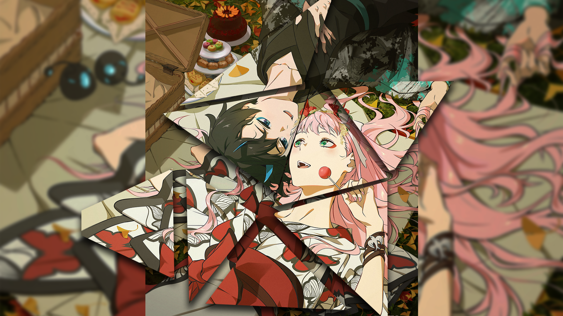 HD desktop wallpaper featuring Hiro and Zero Two from the anime Darling in the FranXX, lying down together with food and desserts around them.