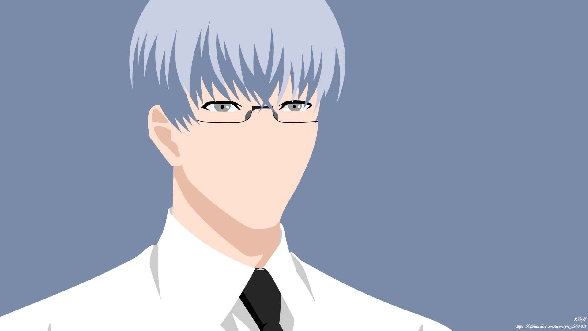 Minimalist 8K Ultra HD anime wallpaper of Kishou Arima from Tokyo Ghoul:re and Tokyo Ghoul √A, featuring grey hair, grey eyes, and glasses.