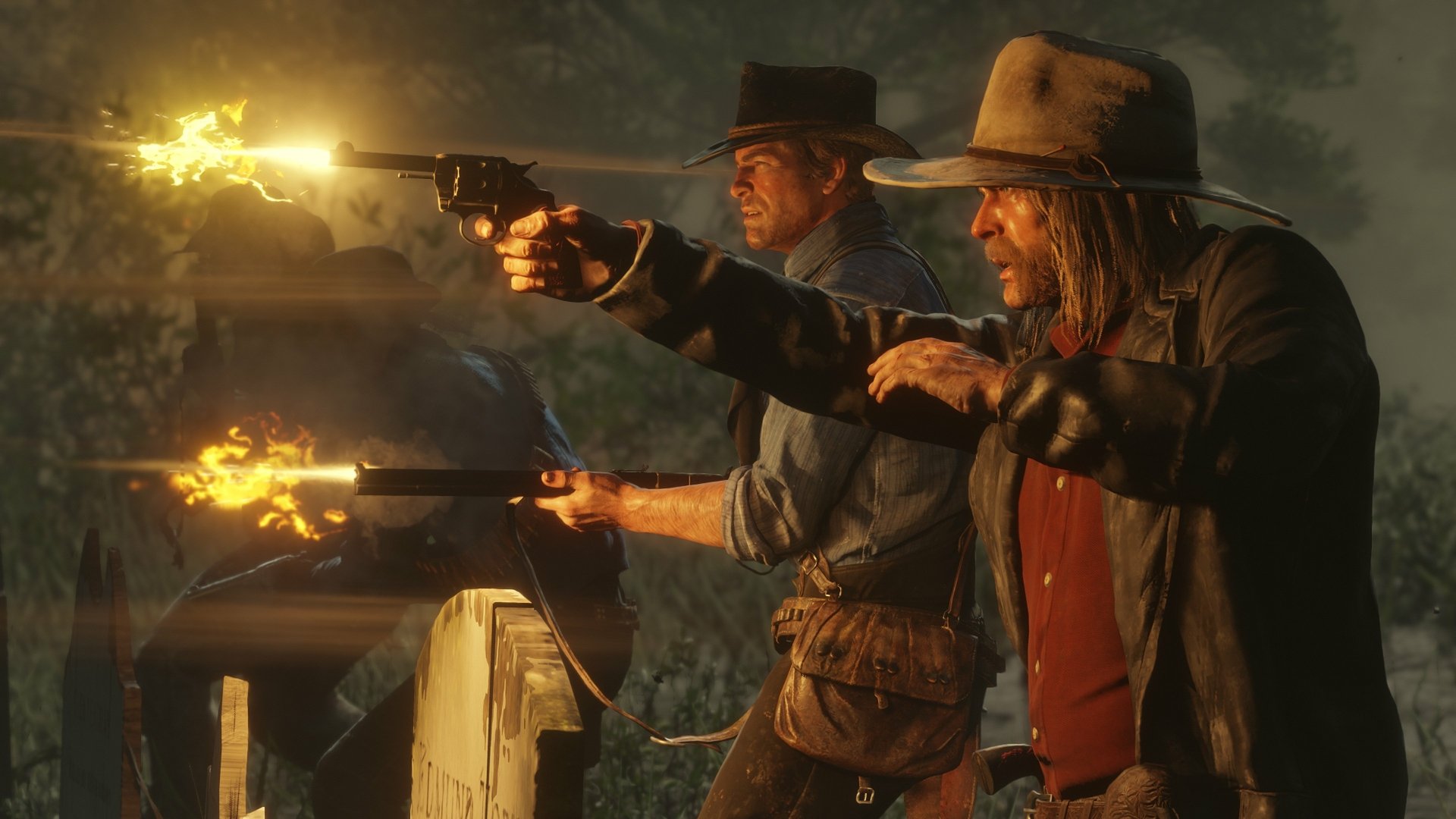 Micah Bell and Arthur Morgan from Red Dead Redemption 2 firing guns in a dramatic 4K Ultra HD video game scene.