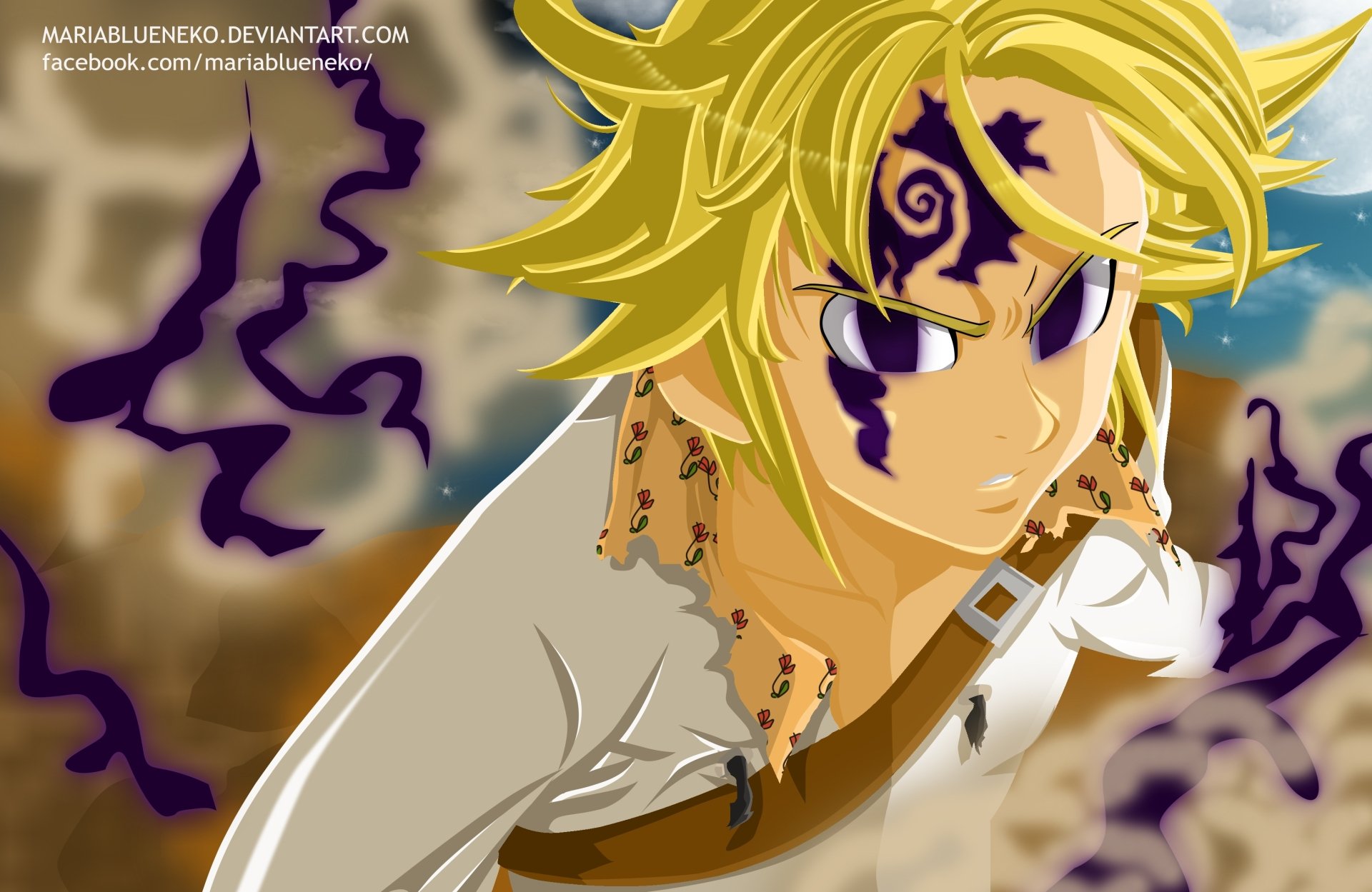 Meliodas (The Seven Deadly Sins) anime close-up with black demon markings and swirling purple aura, intense gaze and battle-worn clothing — 2K Quad HD PC desktop wallpaper and background