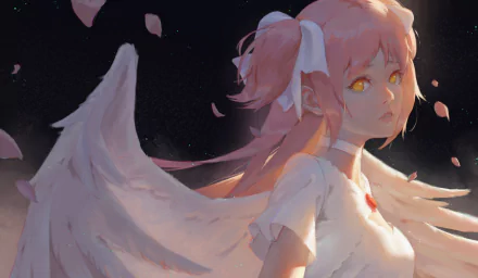 HD PC desktop wallpaper featuring Ultimate Madoka from the anime Puella Magi Madoka Magica with luminous eyes and angelic wings against a dark background.