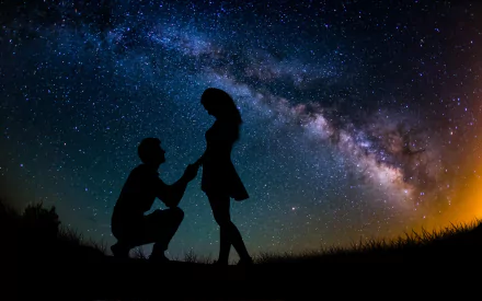 A 4K Ultra HD fantasy-themed desktop wallpaper showing a romantic proposal under a starry night sky with the Milky Way, evoking love and wonder.