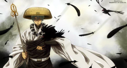 HD anime desktop wallpaper featuring Oboro from Gintama, depicted with a large hat, staff, and black feathers swirling around in a dramatic background.