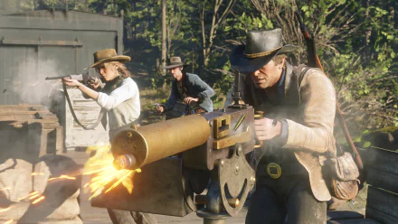 Arthur Morgan and Sadie Adler from Red Dead Redemption 2 engage in a gunfight, depicted in a detailed 4K Ultra HD PC desktop wallpaper and background.