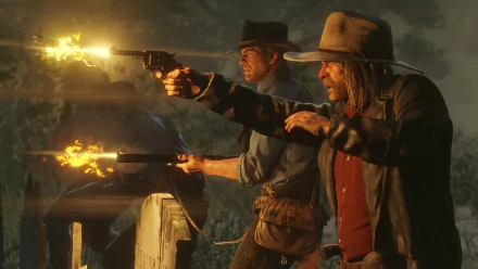 Micah Bell and Arthur Morgan from Red Dead Redemption 2 firing guns in a dramatic 4K Ultra HD video game scene.
