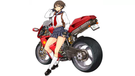Original Anime HD PC desktop wallpaper: schoolgirl in uniform leaning on a red sportbike — crisp bike illustration as a desktop background.