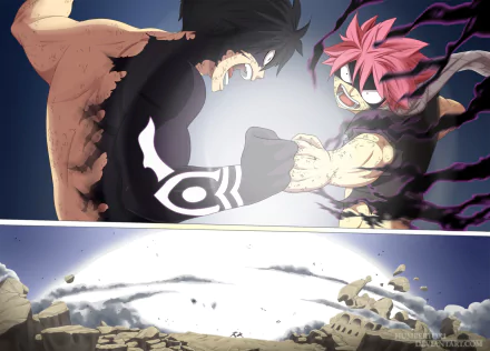 HD PC wallpaper featuring an intense battle between Gray Fullbuster and Natsu Dragneel from the anime Fairy Tail, showcasing dynamic action and dramatic lighting.