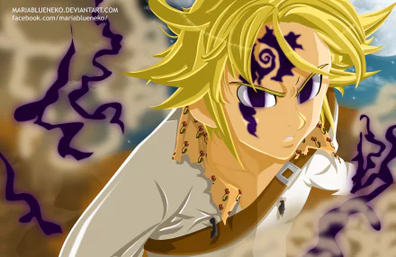 Meliodas (The Seven Deadly Sins) anime close-up with black demon markings and swirling purple aura, intense gaze and battle-worn clothing — 2K Quad HD PC desktop wallpaper and background