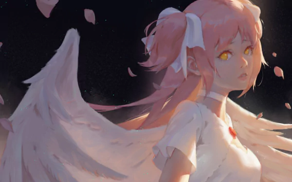 HD PC desktop wallpaper featuring Ultimate Madoka from the anime Puella Magi Madoka Magica with luminous eyes and angelic wings against a dark background.