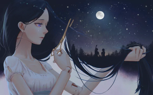 Anime-style wallpaper featuring a doll-like girl with blue eyes and black hair cutting her long hair with scissors. Silhouettes against a starry night sky with a full moon. Tears in her eyes.