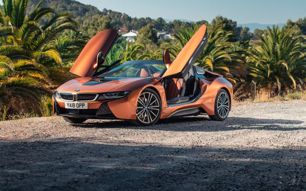 Bright orange BMW i8 supercar with butterfly doors open, parked on a gravel road surrounded by palm trees, captured in stunning 4K Ultra HD detail for a PC desktop wallpaper.