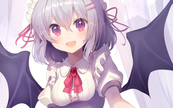 HD anime desktop wallpaper featuring Remilia Scarlet from Touhou, showcasing her with silver hair, red eyes, and bat wings in a vibrant, detailed style.