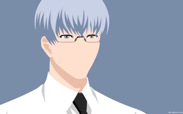 Minimalist 8K Ultra HD anime wallpaper of Kishou Arima from Tokyo Ghoul:re and Tokyo Ghoul √A, featuring grey hair, grey eyes, and glasses.