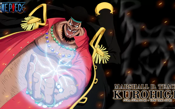 HD anime wallpaper featuring Marshall D. Teach from One Piece, showcasing his intense pose with glowing energy in hand and dramatic smoke effects in the background.