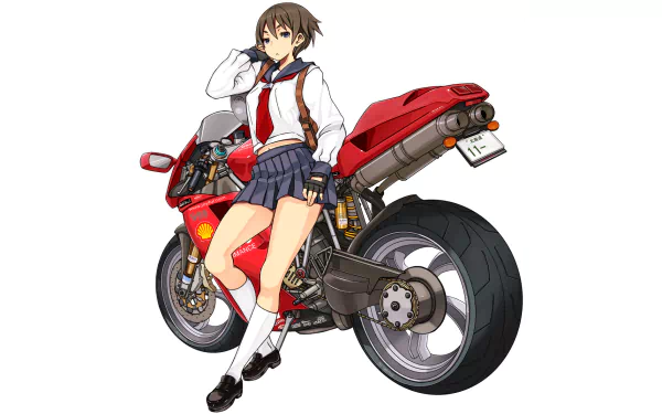Original Anime HD PC desktop wallpaper: schoolgirl in uniform leaning on a red sportbike — crisp bike illustration as a desktop background.