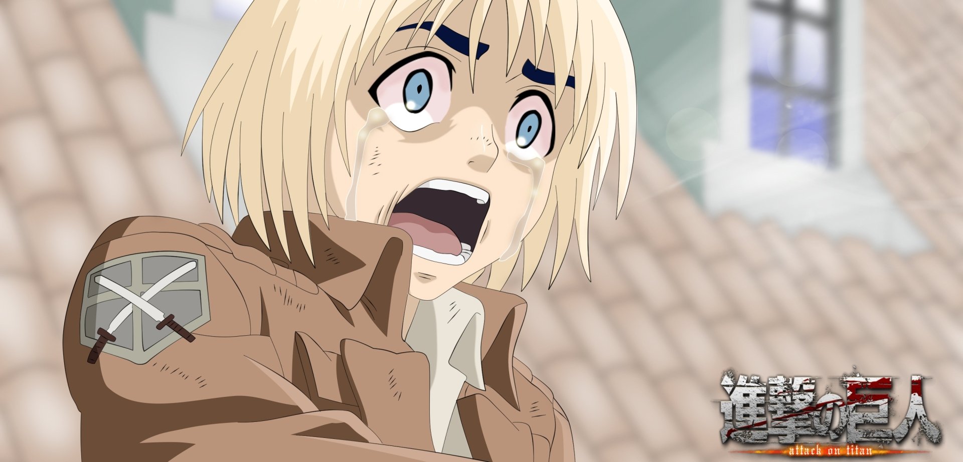 HD anime desktop wallpaper featuring Armin Arlert from Attack on Titan, capturing a shocked expression with detailed shading and vivid colors.