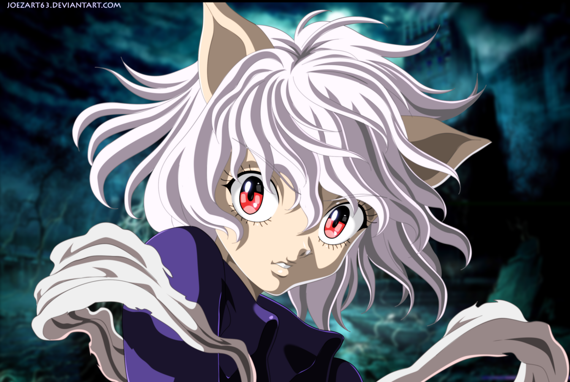 HD PC desktop wallpaper featuring Neferpitou from Hunter × Hunter, showcasing the anime character with striking white hair and intense red eyes against a dark background.