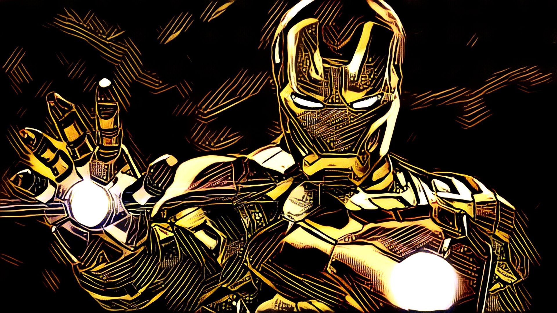 HD PC desktop wallpaper featuring a stylized Iron Man superhero from the movie, depicted with glowing eyes and chest reactor in a dynamic pose.