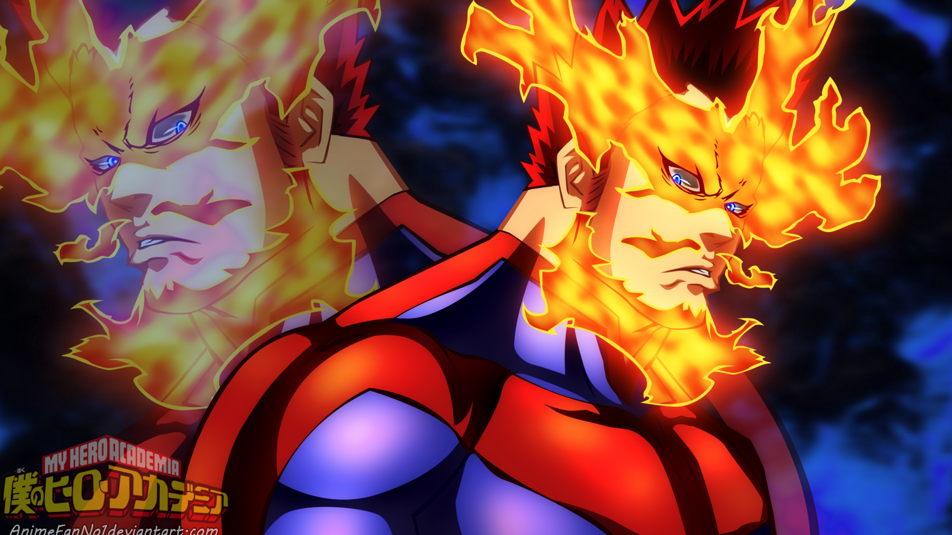 Endeavor (Boku no Hero Academia) — My Hero Academia anime HD PC wallpaper: close-up of the flame-haired hero with blazing beard and intense gaze, his fiery reflection glowing behind him.