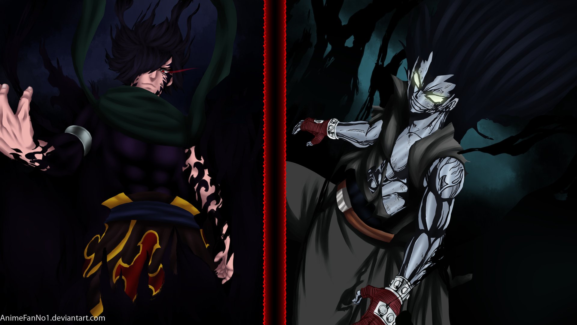 HD PC desktop wallpaper featuring Rogue Cheney and Gajeel Redfox from the anime Fairy Tail, depicted with dark, intense backgrounds and dynamic poses.