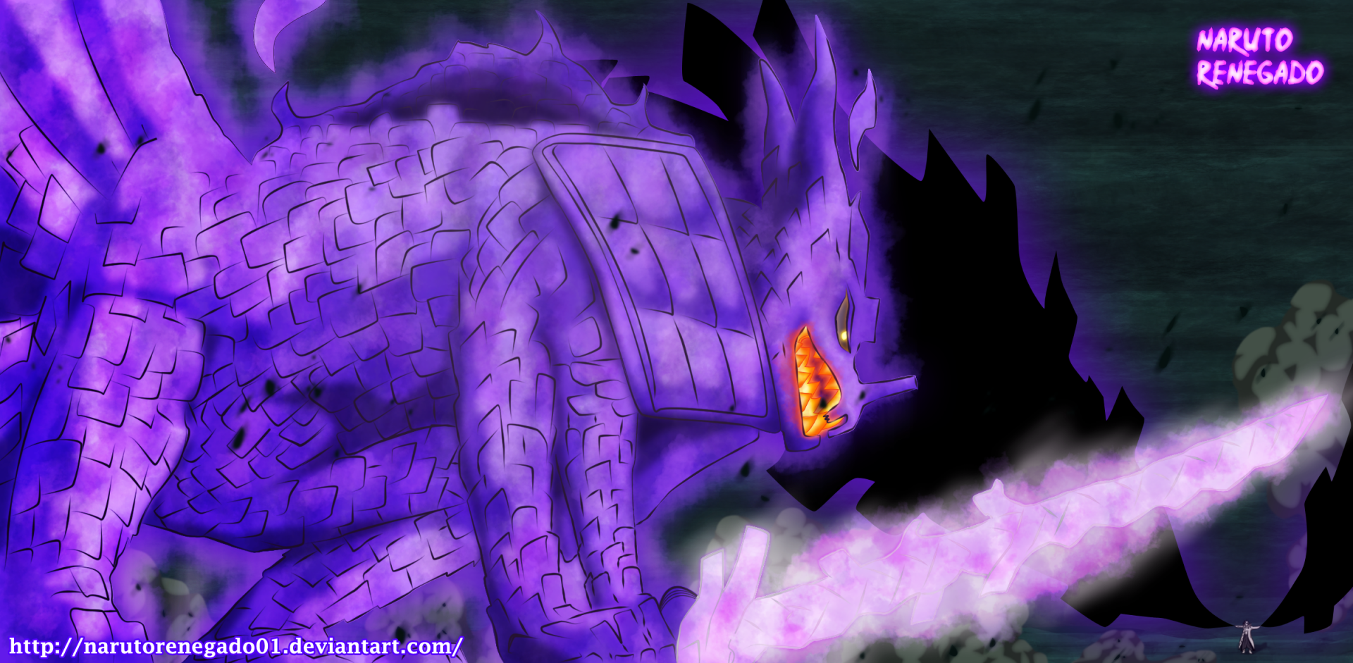 HD anime desktop wallpaper featuring Susanoo and Kurama from Naruto, showcasing a vivid purple aura and intense battle atmosphere.