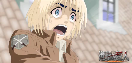 HD anime desktop wallpaper featuring Armin Arlert from Attack on Titan, capturing a shocked expression with detailed shading and vivid colors.
