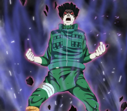 Might Guy (Naruto) anime HD PC desktop wallpaper/background: green-clad ninja screaming, shrouded in a violet energy aura with floating debris.