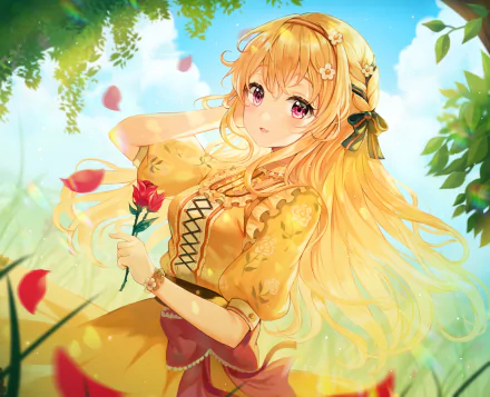 HD anime wallpaper of Chisato Shirasagi from BanG Dream! Girls Band Party!, featuring her long blonde hair and pink eyes in a bright, floral setting.
