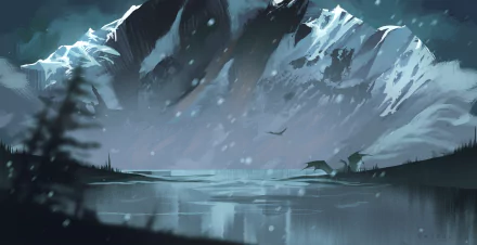 mountain lake winter fantasy dragon fantasy winter HD Desktop Wallpaper | Background Image