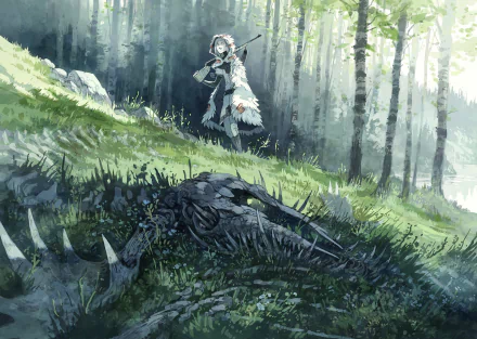 HD desktop wallpaper from the comic Stand Still Stay Silent featuring a character with a gun in a dense, sunlit forest near a large, skeletal creature.