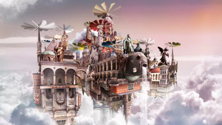 Fantasy-themed HD PC desktop wallpaper featuring an imaginative floating building complex with windmills, arches, and statues above the clouds at sunset.