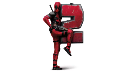 Deadpool in full costume poses confidently beside a large red number 2, featured as a 4K Ultra HD PC desktop wallpaper from Deadpool 2.
