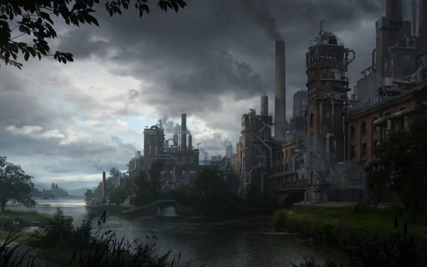 HD PC desktop wallpaper depicting a Sci-Fi factory complex with towering buildings under a dark, cloudy sky beside a river.