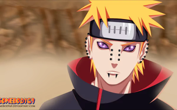 HD anime desktop wallpaper featuring Pain from Naruto with his distinctive orange hair, facial piercings, and the cloaked attire, set against a blurred background.