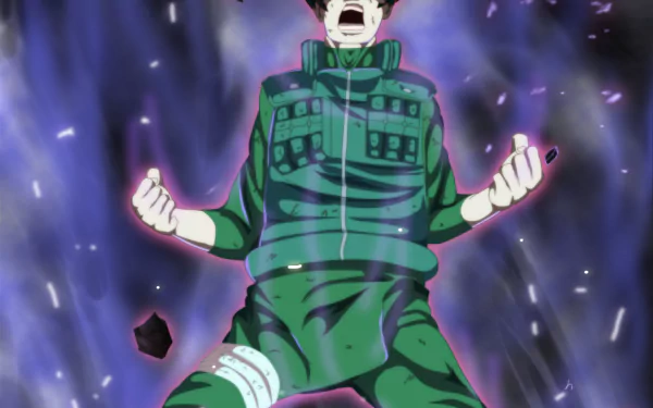 Might Guy (Naruto) anime HD PC desktop wallpaper/background: green-clad ninja screaming, shrouded in a violet energy aura with floating debris.