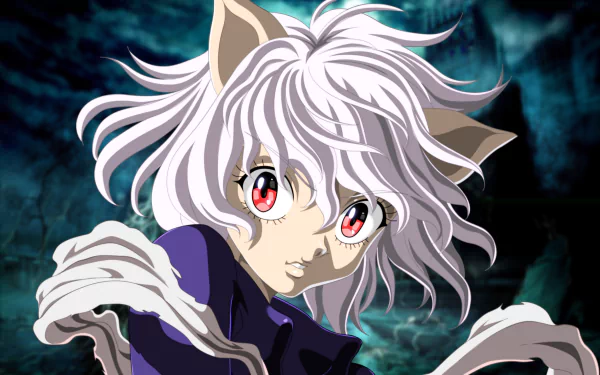 HD PC desktop wallpaper featuring Neferpitou from Hunter × Hunter, showcasing the anime character with striking white hair and intense red eyes against a dark background.