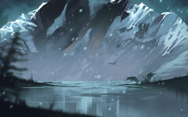 Fantasy Dragon Winter Lake Mountain HD Wallpaper | Background Image