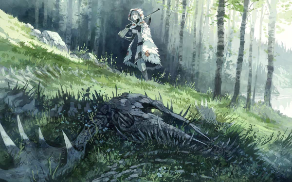 HD desktop wallpaper from the comic Stand Still Stay Silent featuring a character with a gun in a dense, sunlit forest near a large, skeletal creature.