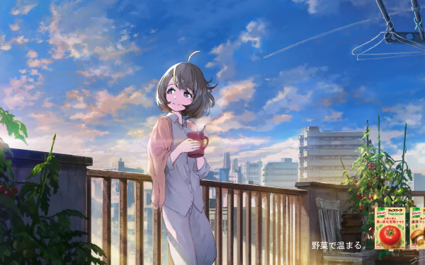 Anime-style 4K Ultra HD wallpaper featuring a short-haired girl with brown eyes smiling and holding a mug, standing on a city balcony with tomatoes and a clear sky background.