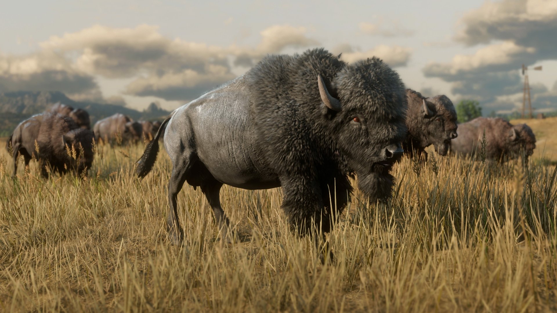 A 4K Ultra HD PC desktop wallpaper from the video game Red Dead Redemption 2, featuring a detailed bison standing in tall grass under a cloudy sky.