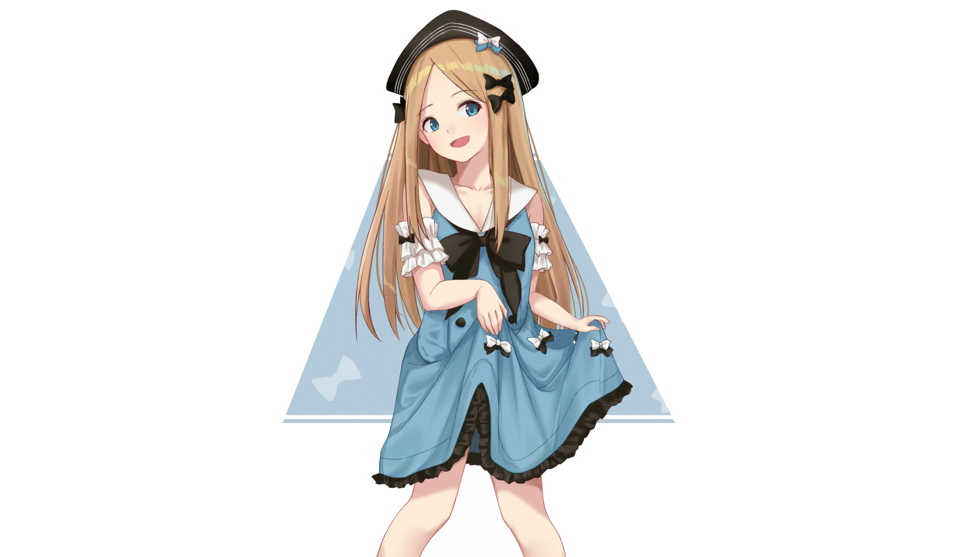 HD PC desktop wallpaper featuring Abigail Williams from the anime Fate/Grand Order, showcasing her in a detailed blue dress with long blonde hair and a playful pose.