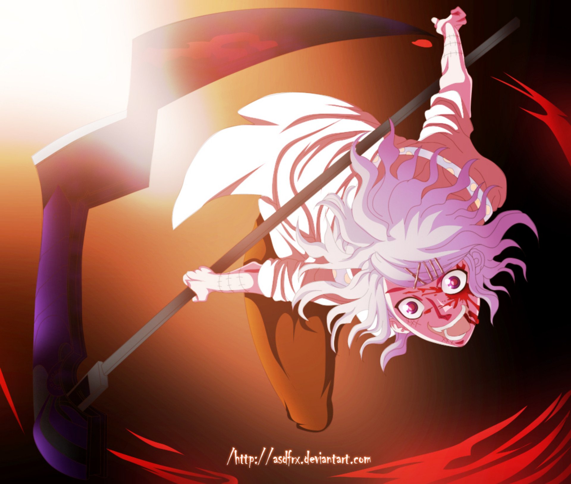 Juuzou Suzuya from Tokyo Ghoul — white-haired, stitched face and red eyes, leaping with a long weapon amid swirling red-black energy; HD PC desktop wallpaper and background.