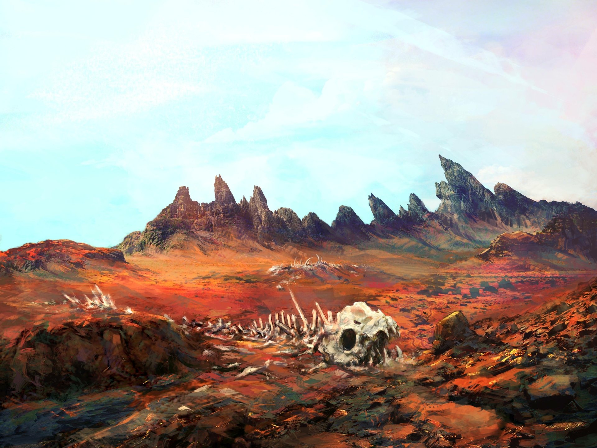A 4K Ultra HD sci-fi landscape depicting a barren, rocky terrain with jagged mountains and a large skull in the foreground under a pale sky.