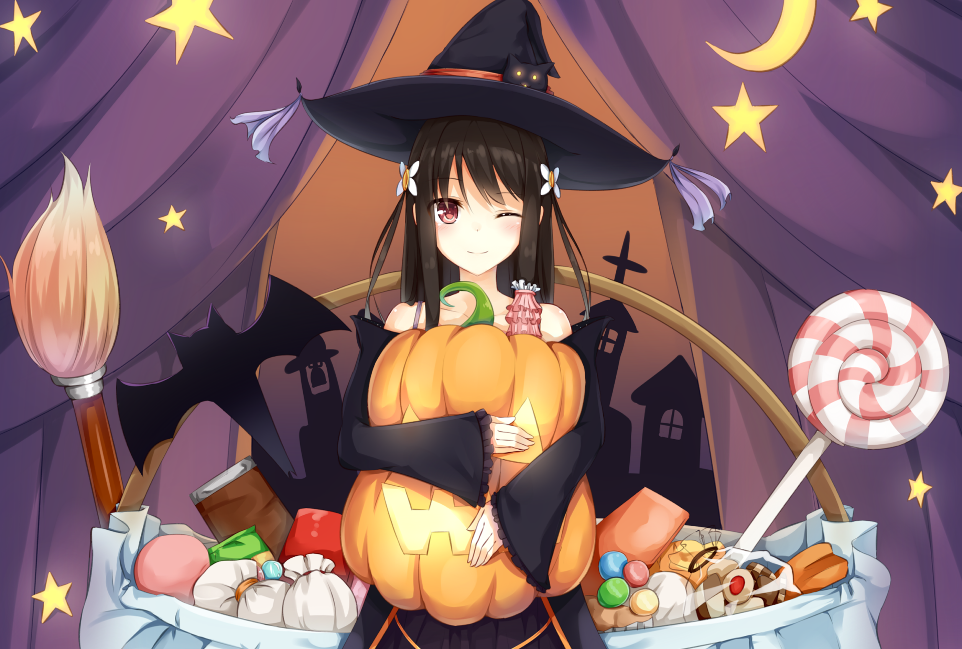 Anime Halloween-themed HD wallpaper featuring a smiling character with long black hair, red eyes, and a witch hat, holding a pumpkin in a festive atmosphere with candy and Halloween decorations.