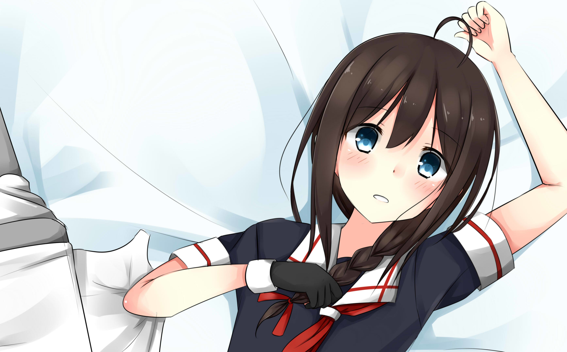 Shigure (Kancolle) — Anime, Kantai Collection 2K Quad HD PC desktop wallpaper: blushing school-uniform girl with braid and blue eyes reclining on white pillows.