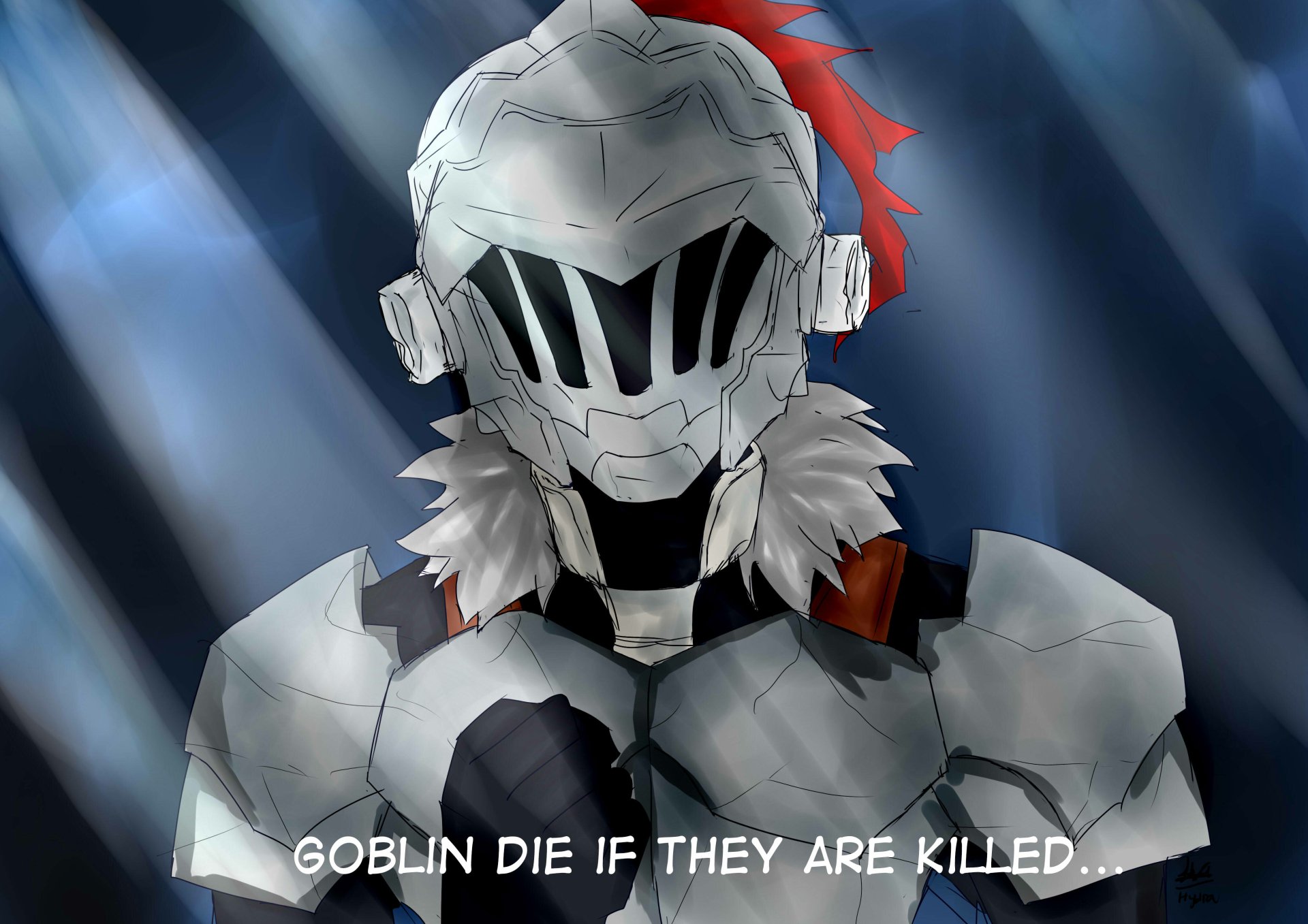 4K Ultra HD PC wallpaper of anime Goblin Slayer: silver-armored warrior with helmet, red ribbon and fur collar, set against a dark, ray-lit background.