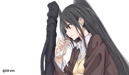 HD anime-style original artwork of a girl with long black hair drinking from a glass, designed as a PC desktop wallpaper and background.