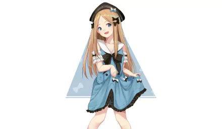 HD PC desktop wallpaper featuring Abigail Williams from the anime Fate/Grand Order, showcasing her in a detailed blue dress with long blonde hair and a playful pose.